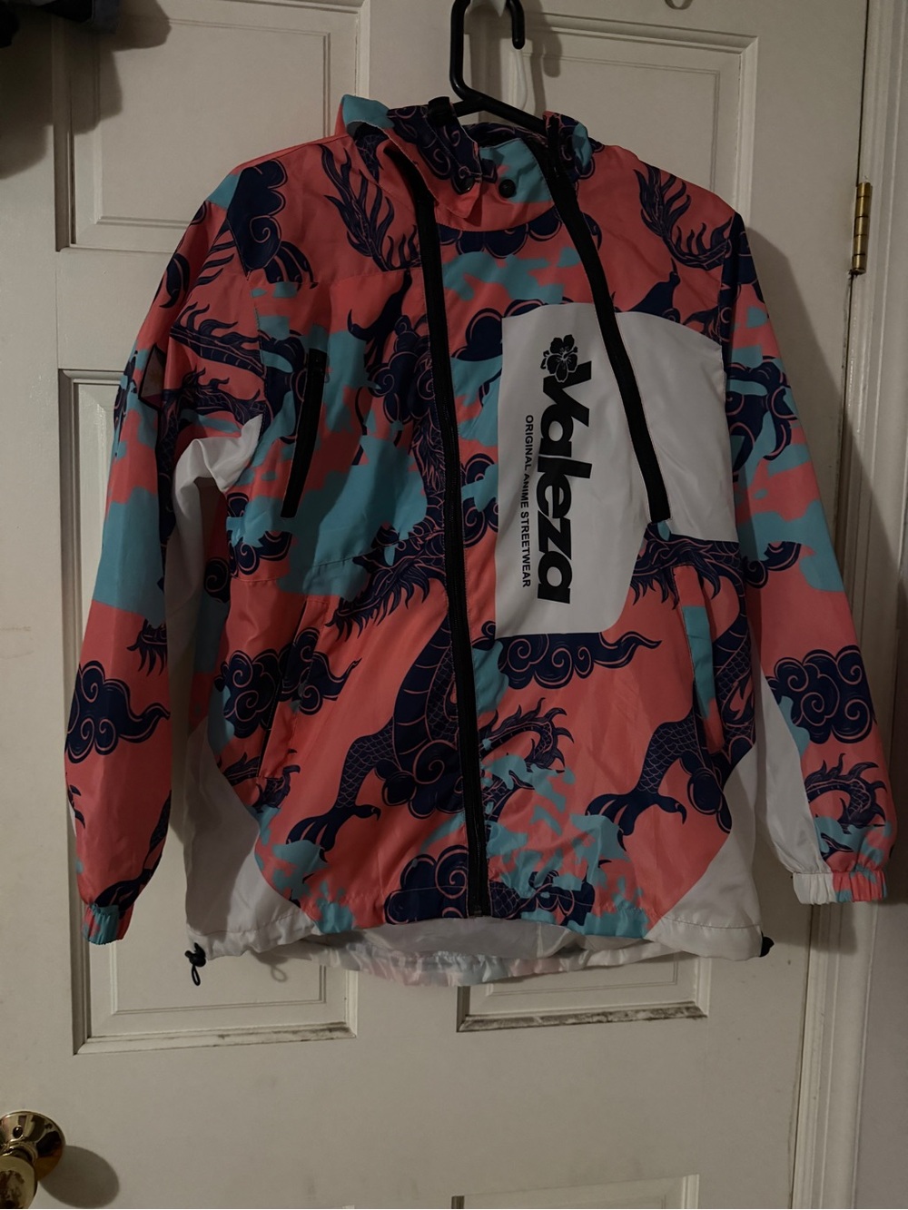Valeza Anime Streetwear Colorblock Dragon Windbreaker - Coral, Teal, Navy